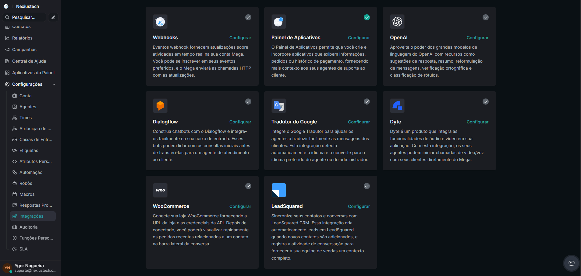 Integrações do sistema Nexiustech
